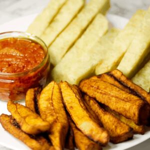 FRIED YAM AND PLANTAIN WITH SAUCE AND FISH
